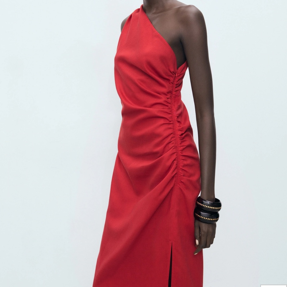 MANGO Elegant Red One-Shoulder Linen Dress - Picture 7 of 9